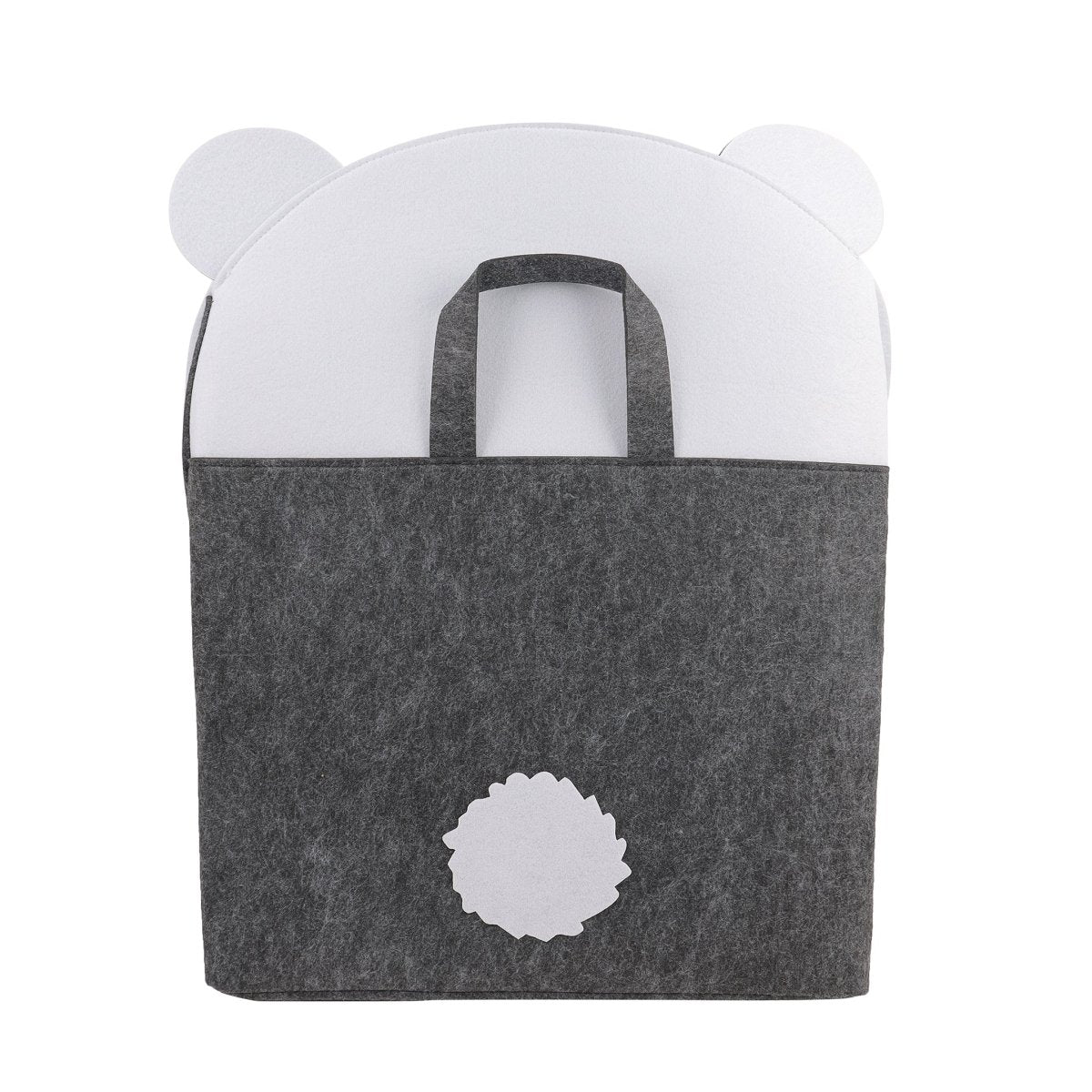 Kids panda laundry basket with white ears and dark gray storage body