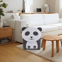 Kids panda laundry basket with open top and panda-face front on light rug