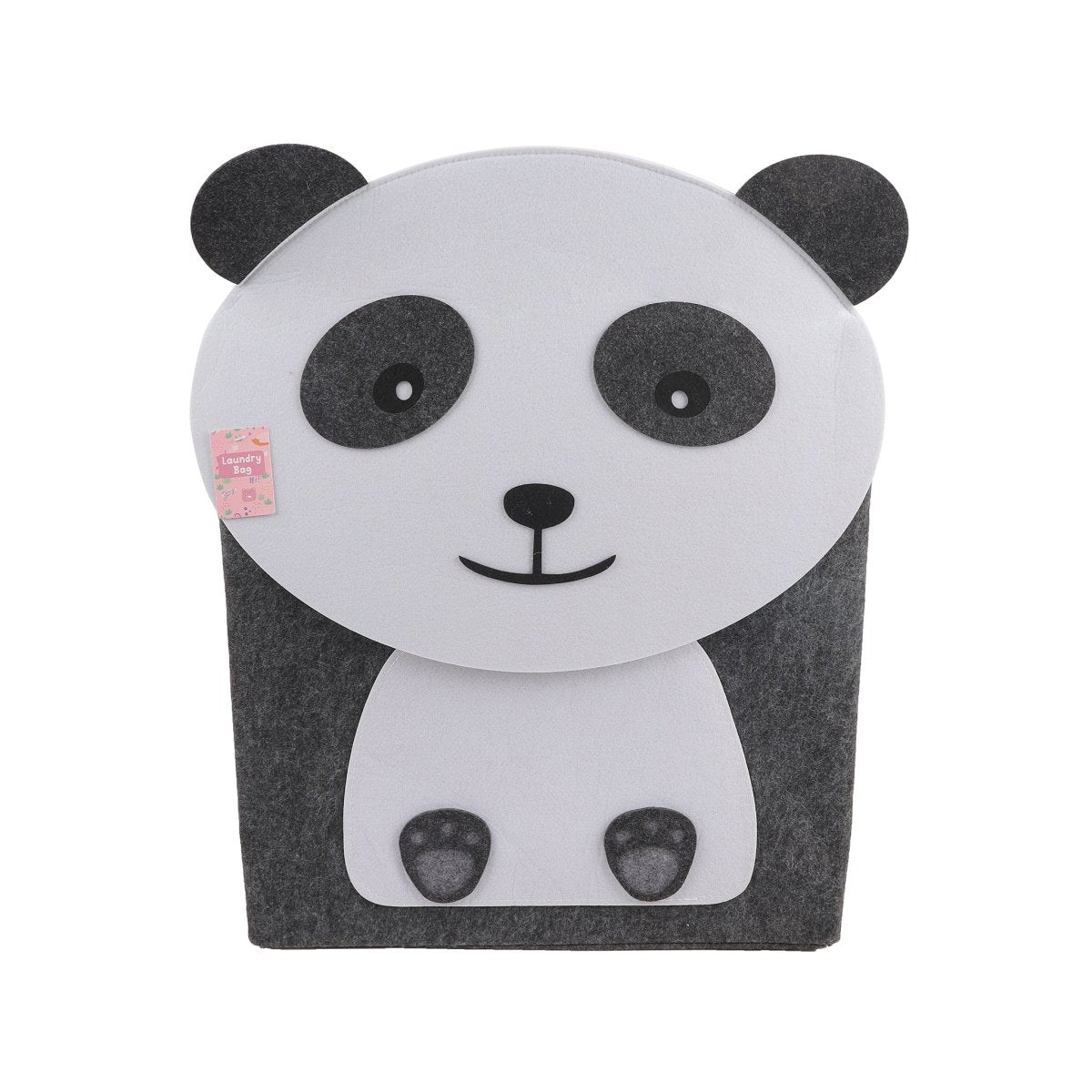 Kids panda laundry basket with panda-face front and white paw accents on gray felt