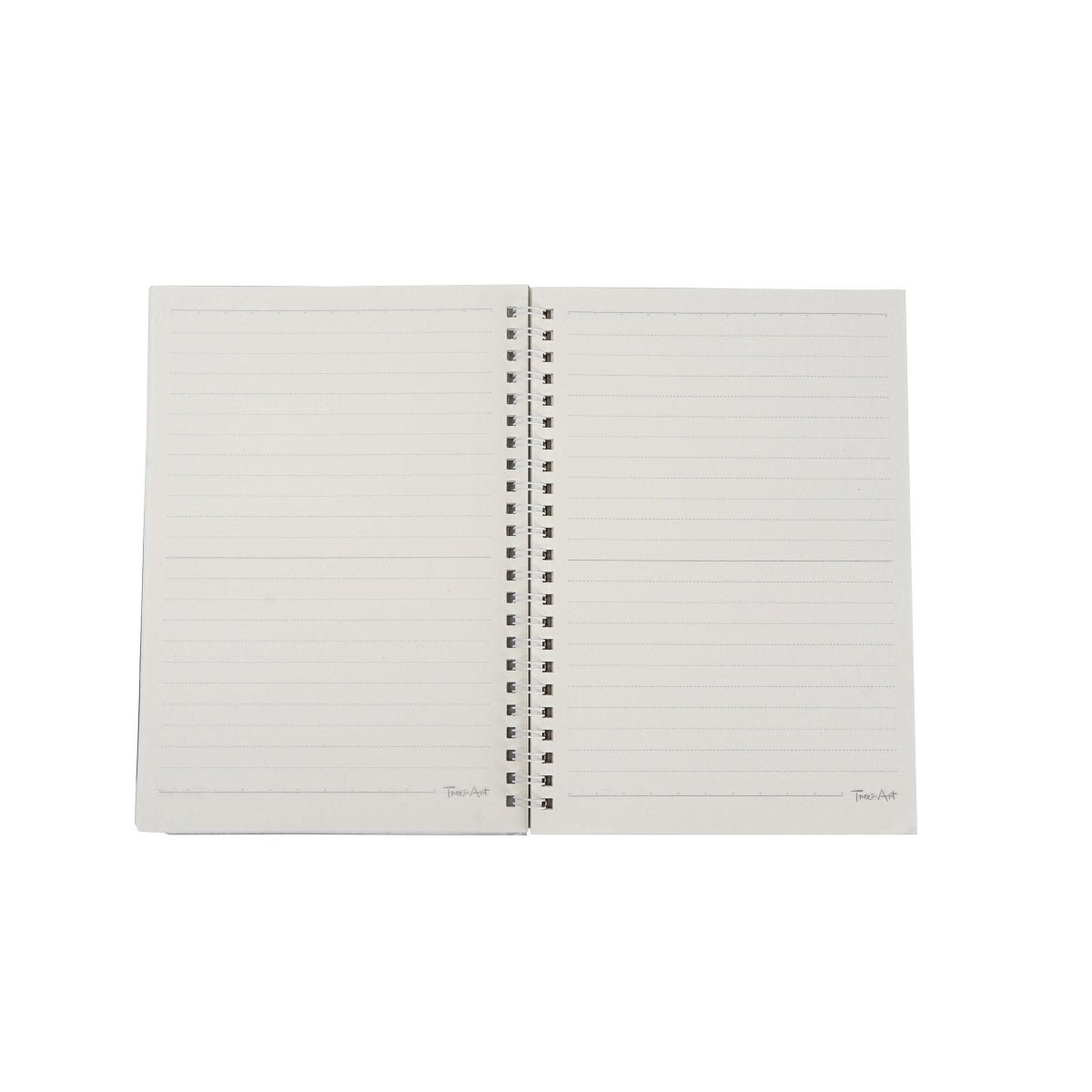 A5 panda spiral notebook opened flat, lined pages with center spiral