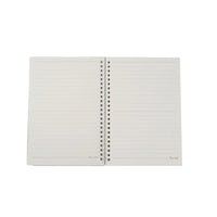A5 panda spiral notebook opened flat, lined pages with center spiral