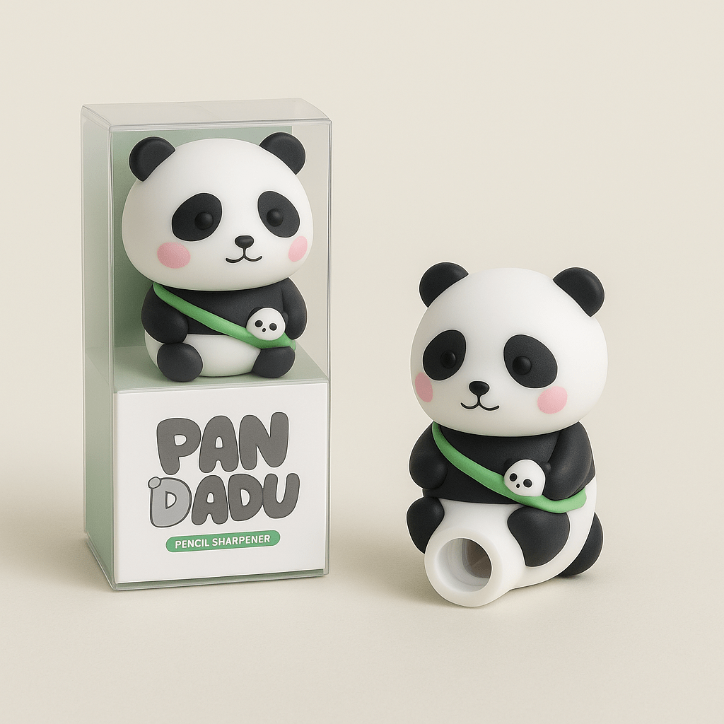 Panda pencil sharpener in clear box with white-and-black panda face and green scarf.