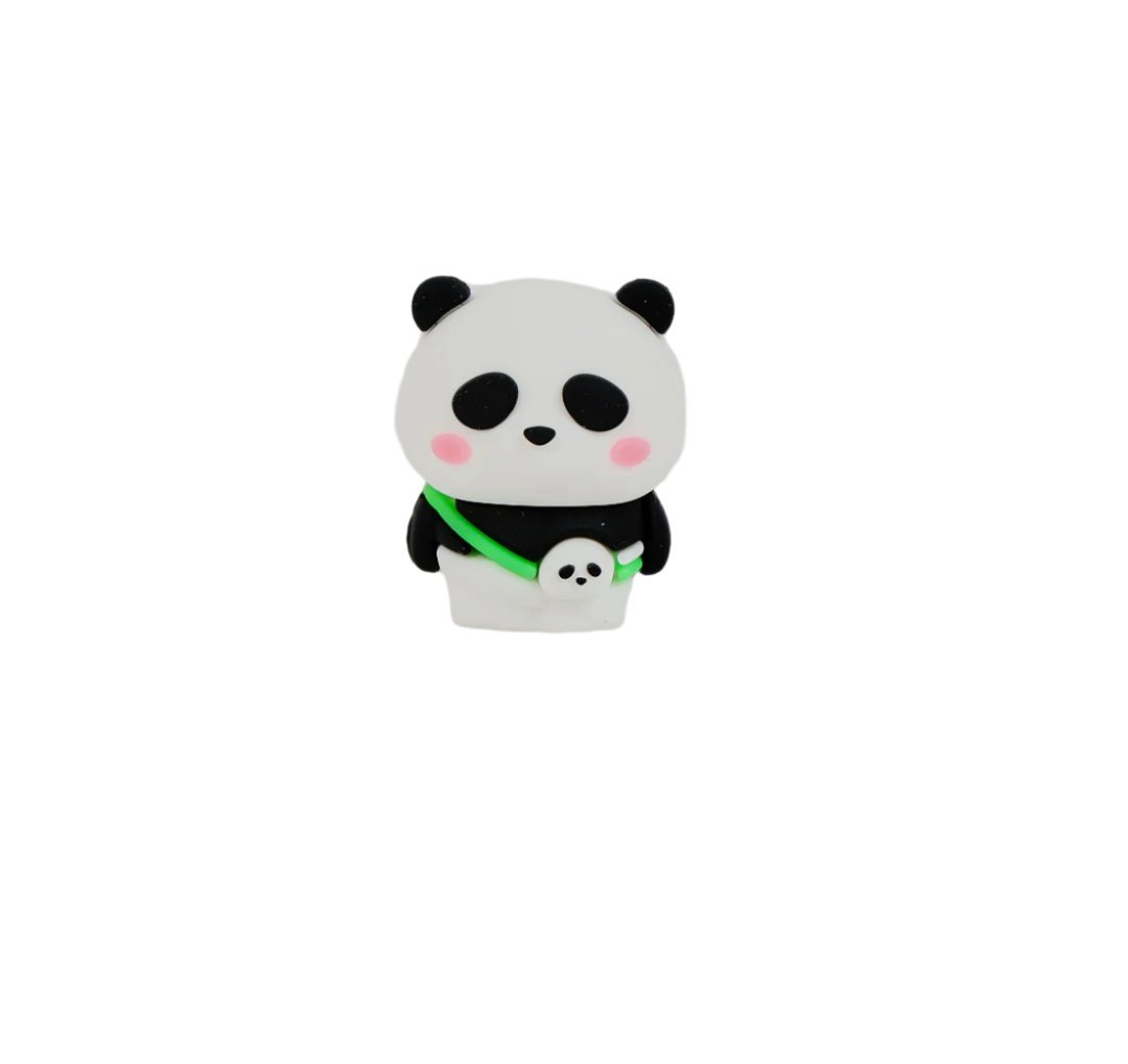 Panda pencil sharpener with white face, black ears and arms, and green scarf wrap.
