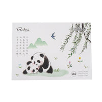 A4 drawing book cover with panda, green mountains, birds, and leafy vines