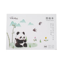 A4 drawing book cover with resting panda, mountains, flowers, and birds