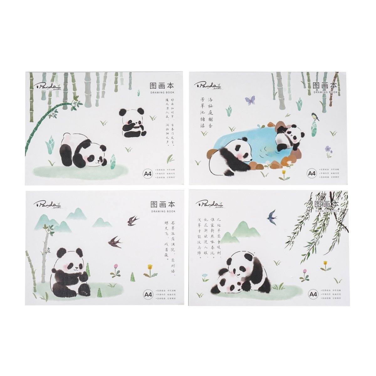 A4 drawing book covers with cute panda illustrations and plants