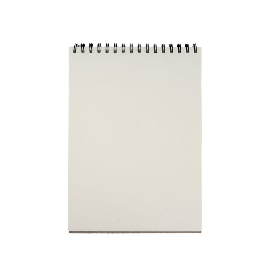 Spiral-bound sketchbook with blank off-white pages and black coil binding