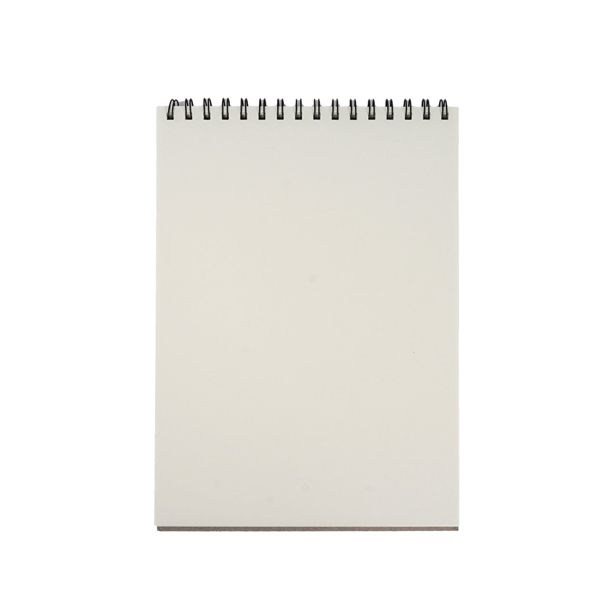 Spiral-bound sketchbook with blank off-white pages and black coil binding