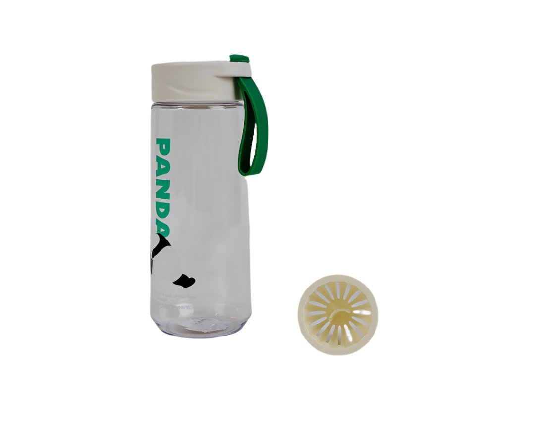 Plastic water bottle with screw cap, Panda graphic, green handle loop, detached lid shown