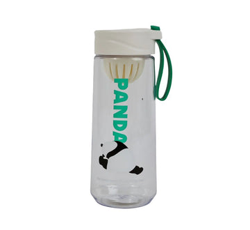 Plastic water bottle with screw cap, Panda graphic, green handle loop, 640 ml