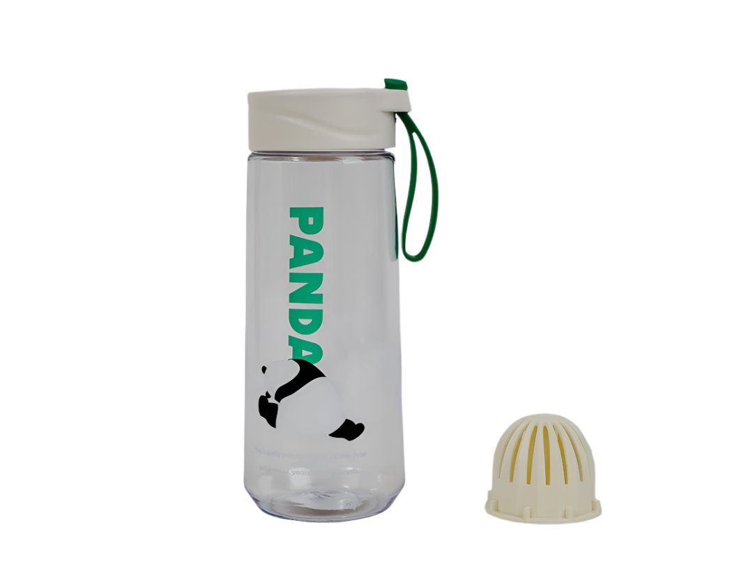 Plastic water bottle with screw cap and Panda graphic, detached lid, green handle loop