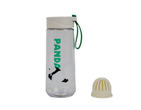 Plastic water bottle with screw cap and Panda graphic, detached lid, green handle loop