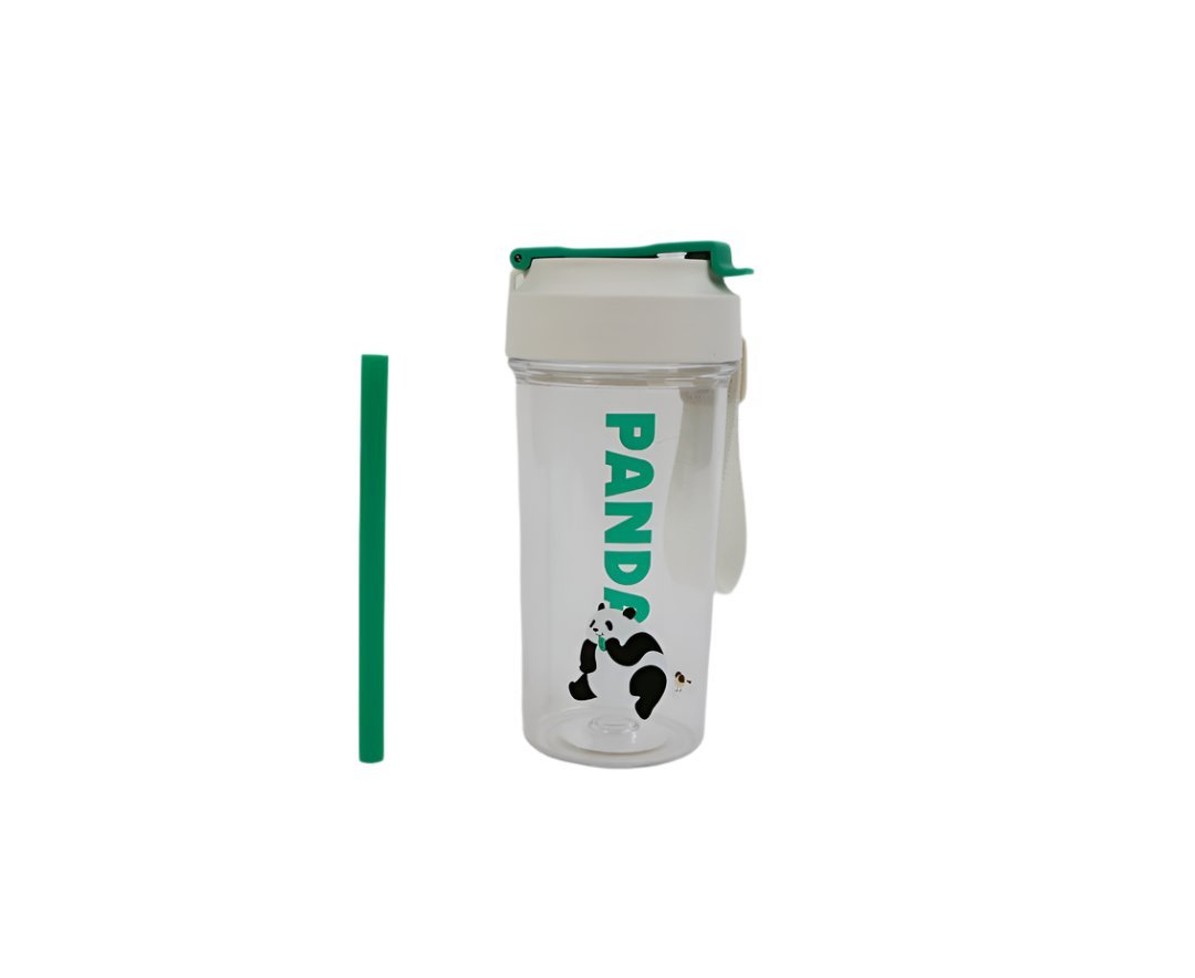 Plastic water bottle with straw, clear body, green panda graphic