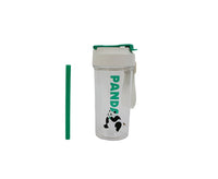 Plastic water bottle with straw, clear body, green panda graphic