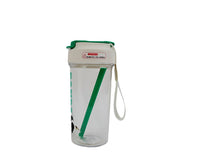 Plastic water bottle with straw, green lid and hanging wrist strap