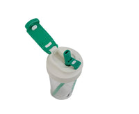 Plastic water bottle with straw, green lid and straw, panda print