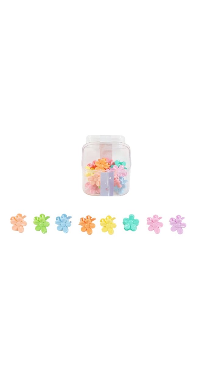 Assorted pastel flower hair clips: orange, blue, green, pink, yellow, purple
