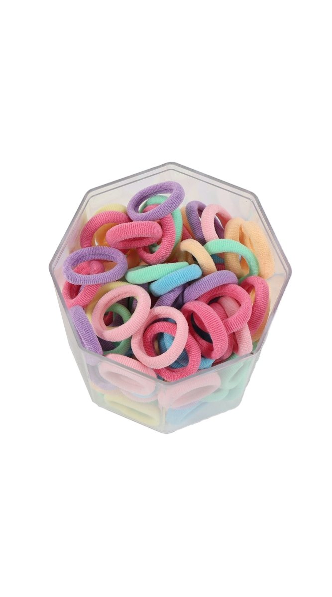 Multicolor pastel stretchable hair ties in clear octagonal box