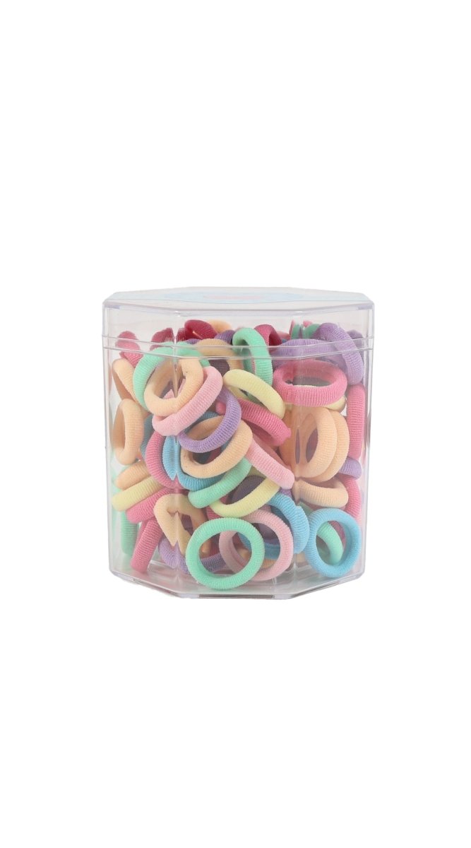 Multicolor stretchable hair ties in clear hex box, assorted pastel rings