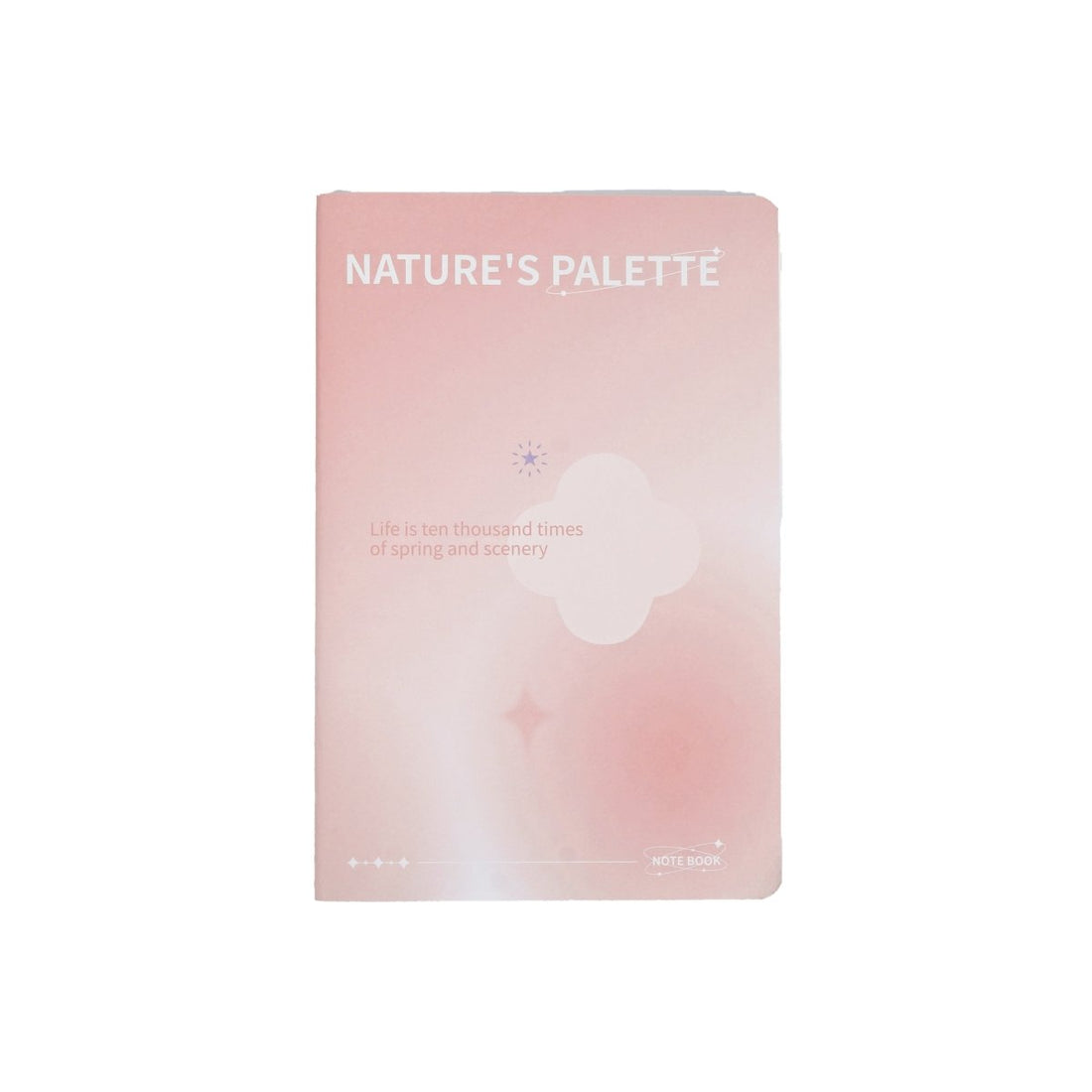 A5 line notebook, pink cover with "Nature's Palette" text and cloud heart graphic.