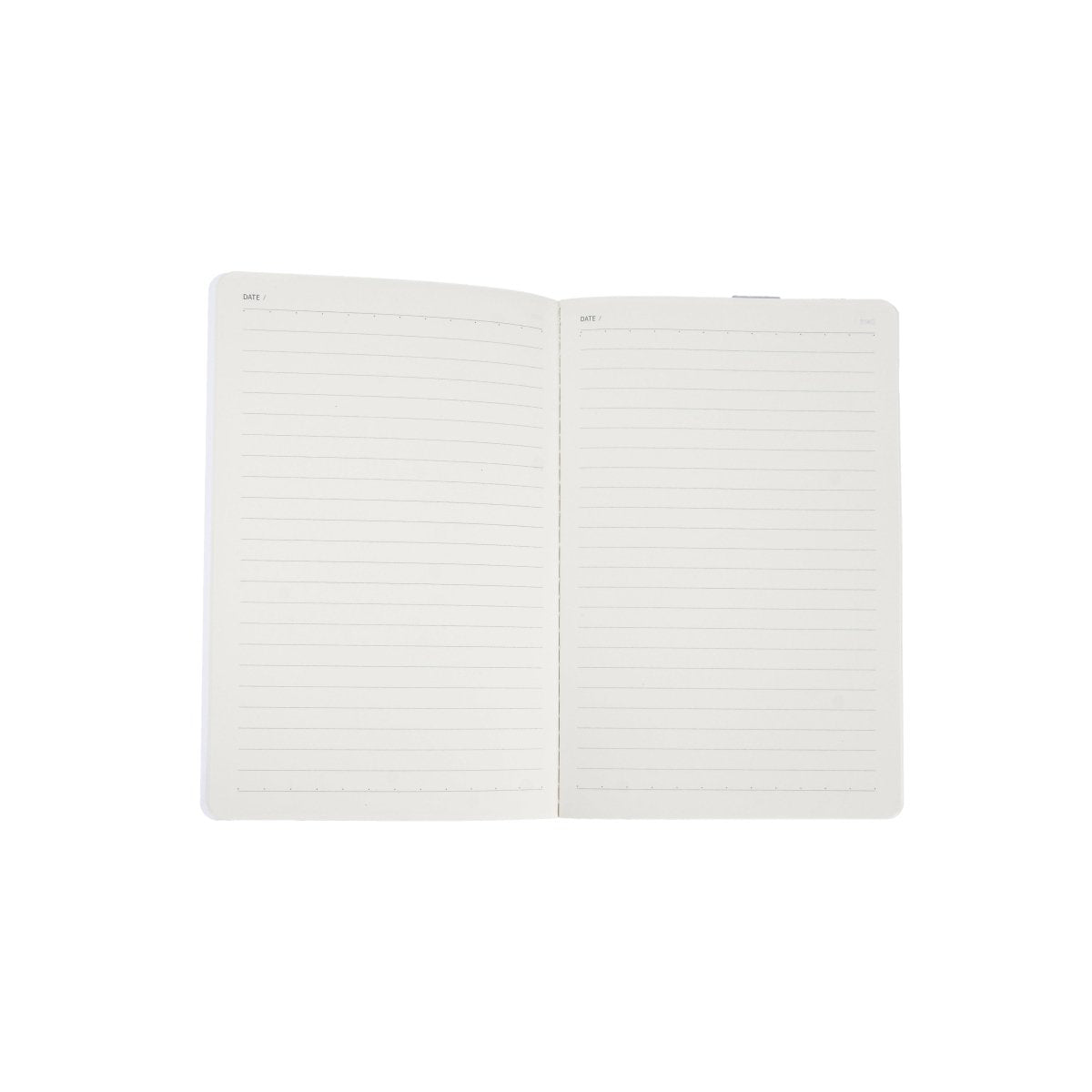 A5 lined notebook open, showing two pages with horizontal ruled lines.