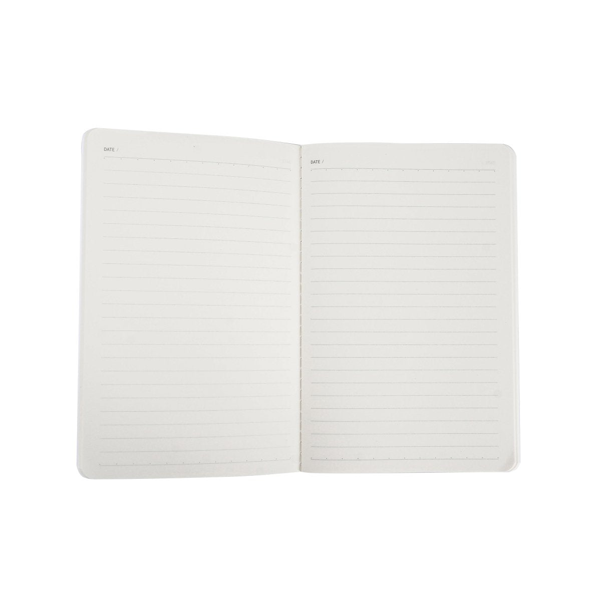 A5 open notebook with two pages of light gray ruled lines.