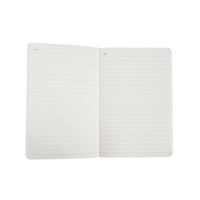 A5 open notebook with two pages of light gray ruled lines.