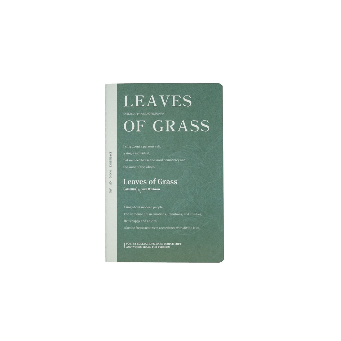 A5 lined notebook, green cover titled 'Leaves of Grass'.