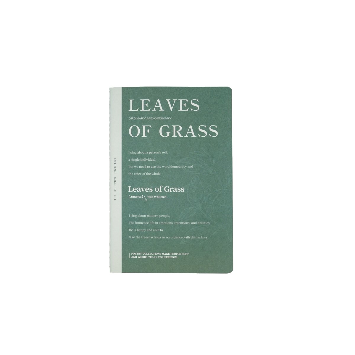 A5 lined notebook, green cover titled 'Leaves of Grass'.