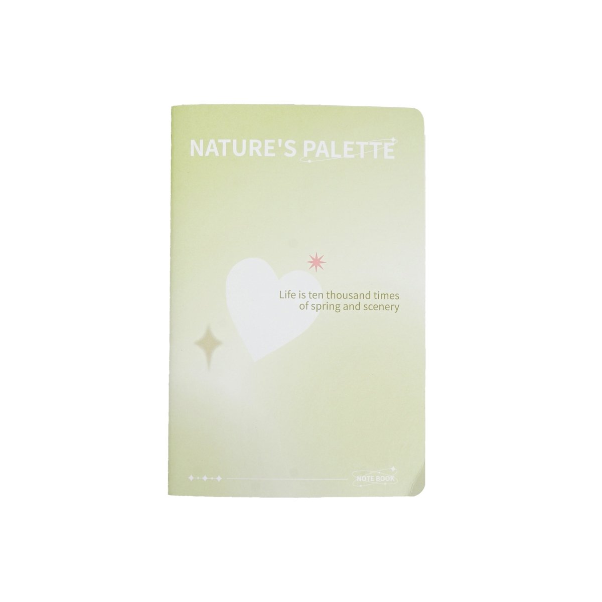 A5 line notebook, pale green cover with "Nature's Palette" text and star sparkle graphic.
