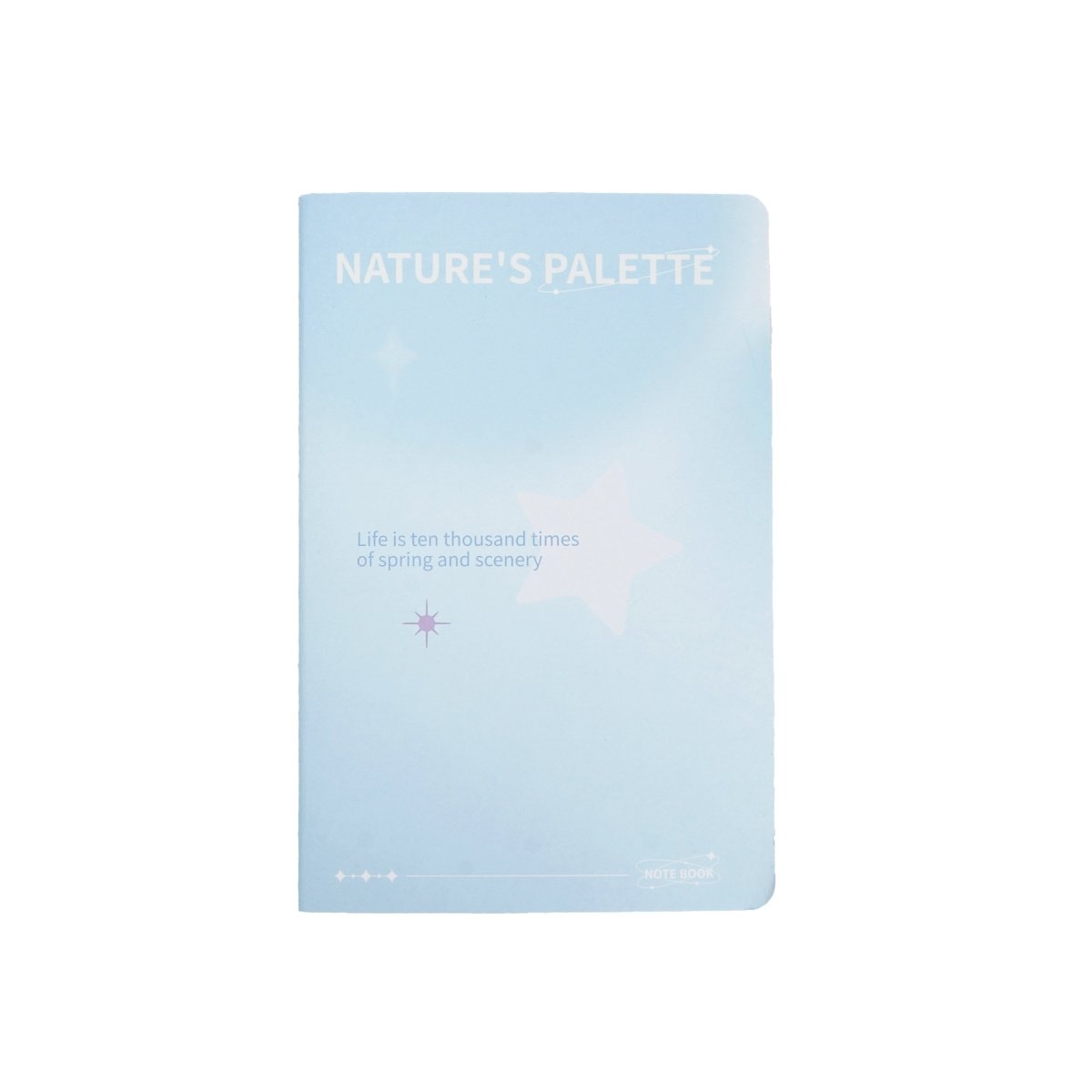 A5 line notebook, light blue cover with "Nature's Palette" text and star cloud graphic.