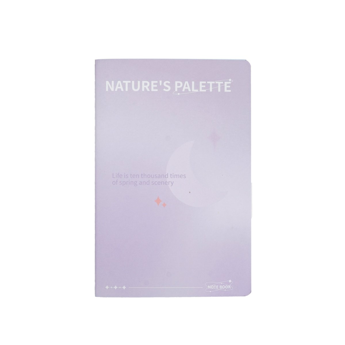 A5 line notebook, lavender cover with "Nature's Palette" text and heart moon graphic.