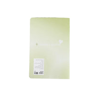 A5 line notebook back, pale green cover with barcode label and small heart design.