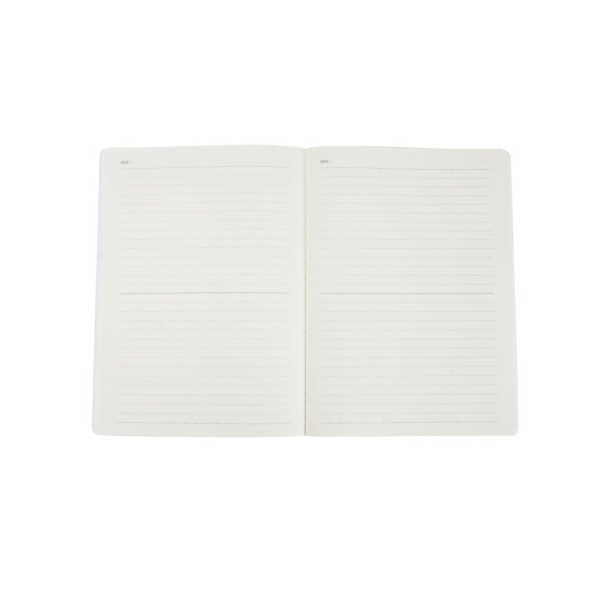 B5 notebook open spread with lined writing pages and light gray margins
