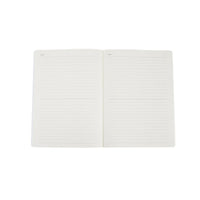 B5 notebook open spread with lined writing pages and light gray margins
