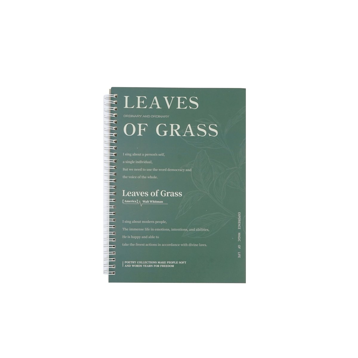 B5 coil notebook cover, green with “Leaves of Grass” title