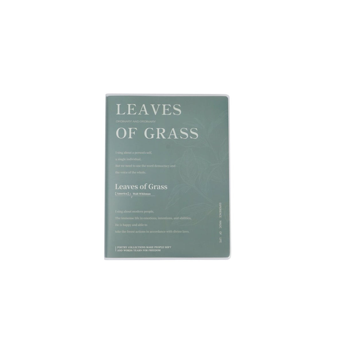 A5 notebook with matte rubber cover, green front with “Leaves of Grass” title