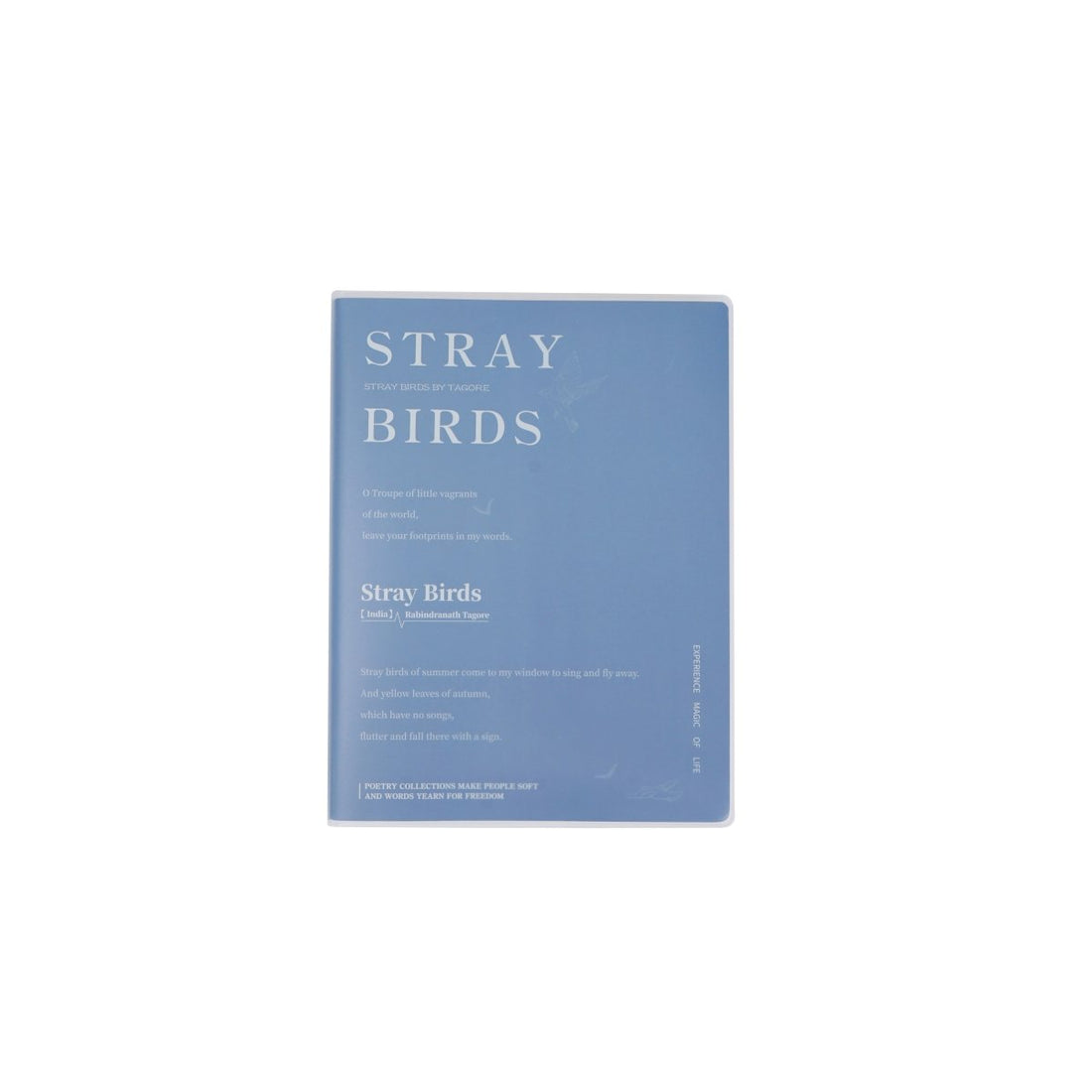 A5 notebook with matte rubber cover, blue front with “Stray Birds” title