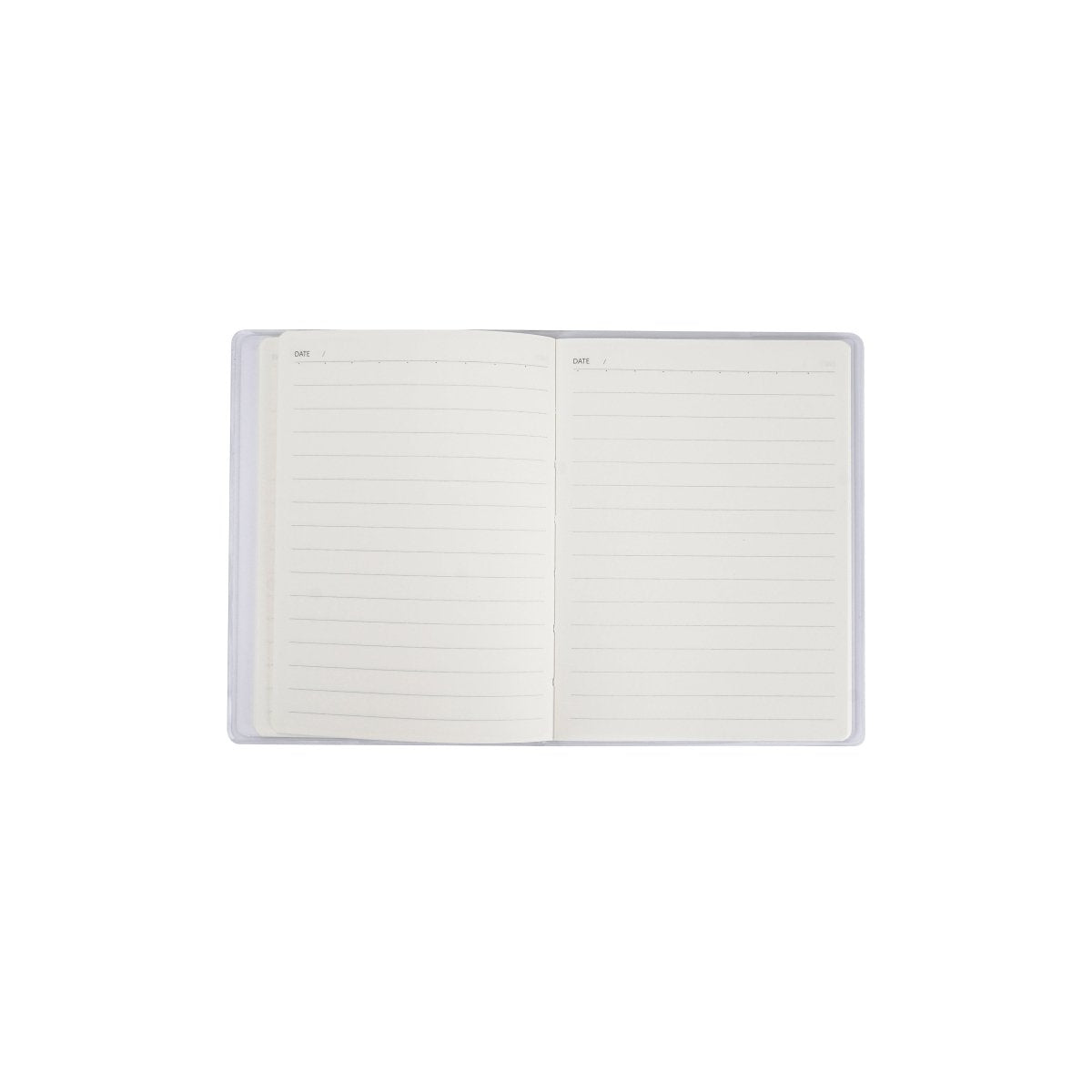 A6 notebook opened flat, showing lined pages in a clear interior