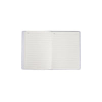 A6 notebook opened flat, showing lined pages in a clear interior