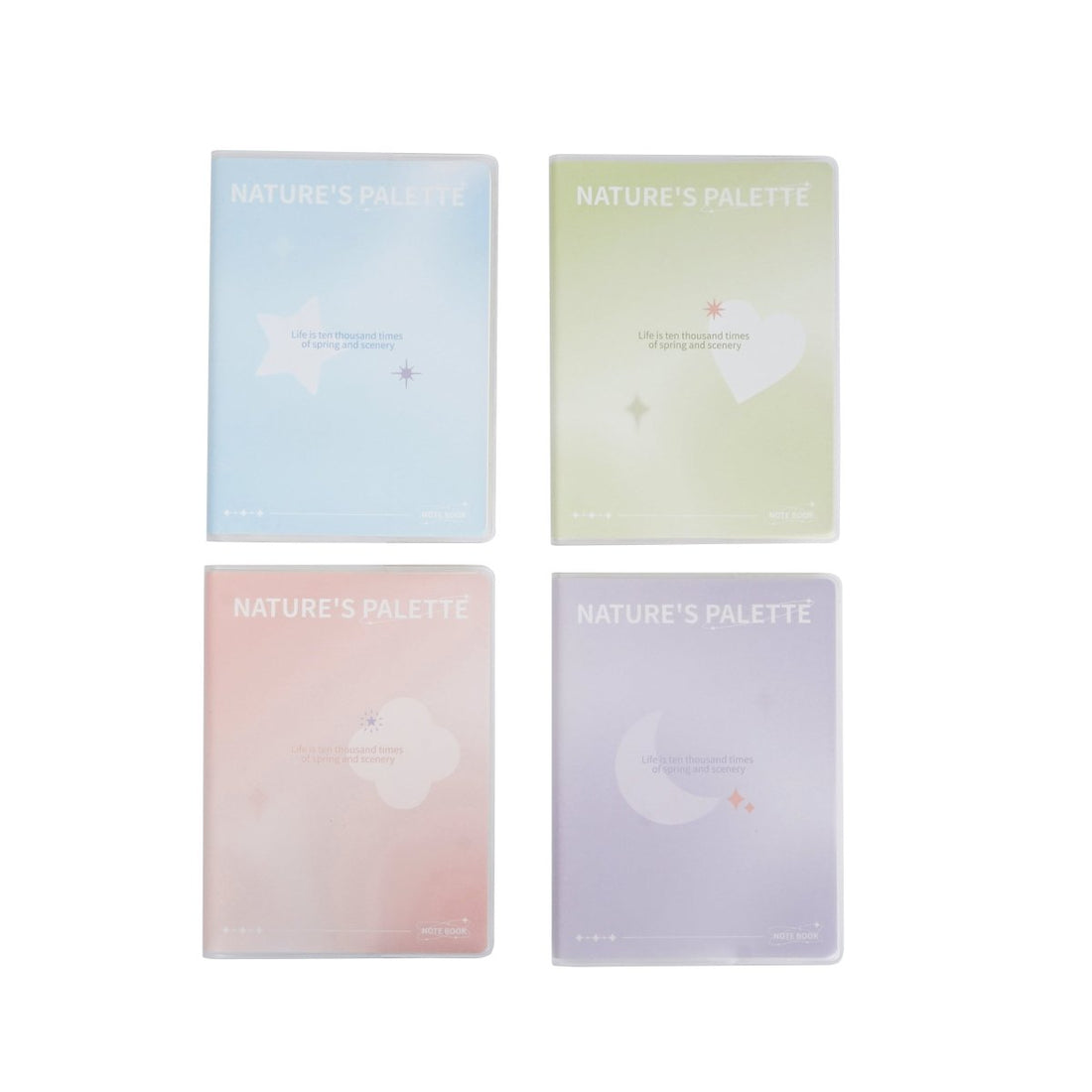Set of four A6 matte rubber notebooks with pastel covers: blue, mint, pink, and violet