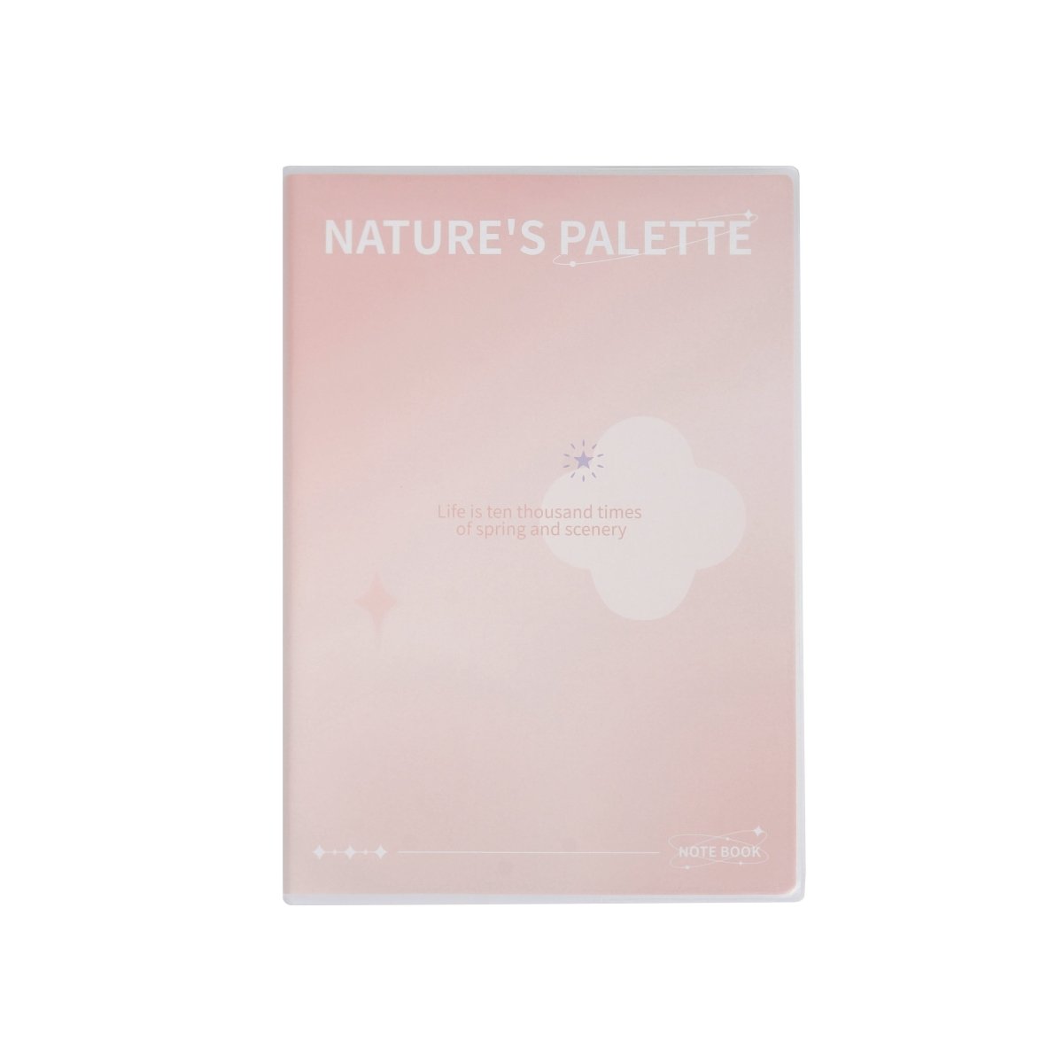 B5 notebook front cover with pastel pink matte rubber finish and “NATURE’S PALETTE” text