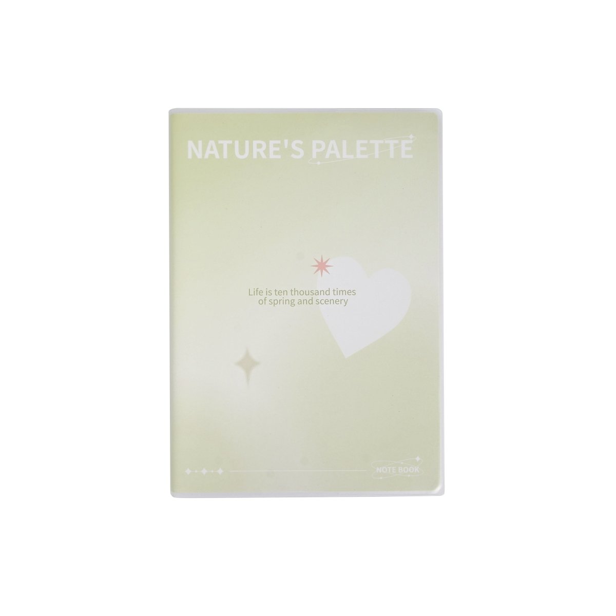 B5 notebook with pastel green matte rubber cover, printed “NATURE’S PALETTE” design