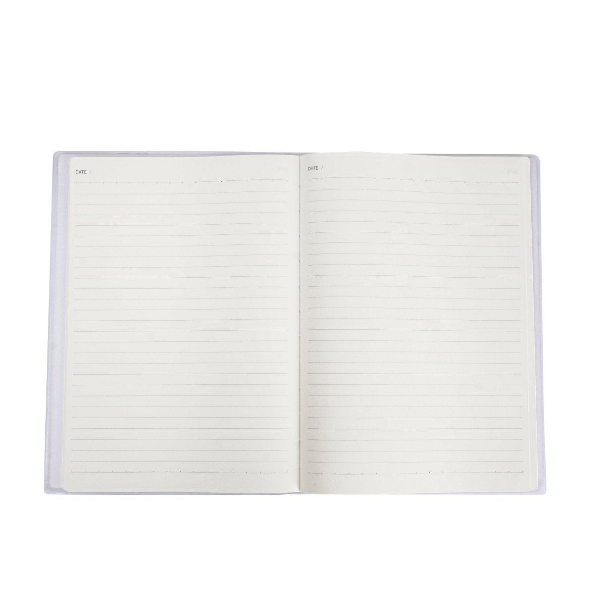 B5 notebook open to blank lined pages with a white interior