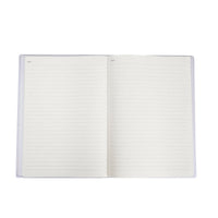 B5 notebook open to blank lined pages with a white interior