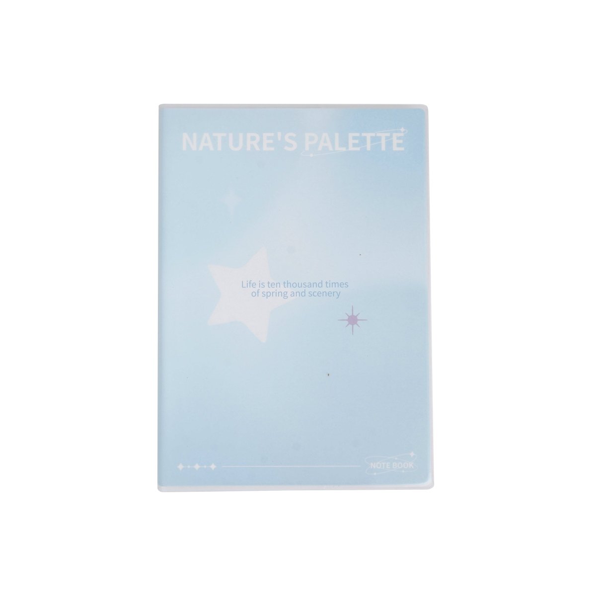 B5 notebook with pastel light blue matte rubber cover and “NATURE’S PALETTE” text