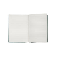 A5 hardcover journal open to lined pages, white sheets with green spine