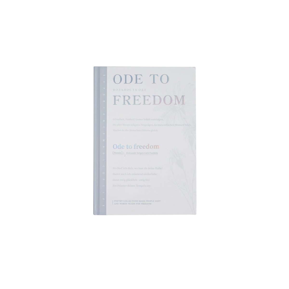 A5 hardcover journal cover, pale gray with “Ode to Freedom” title text