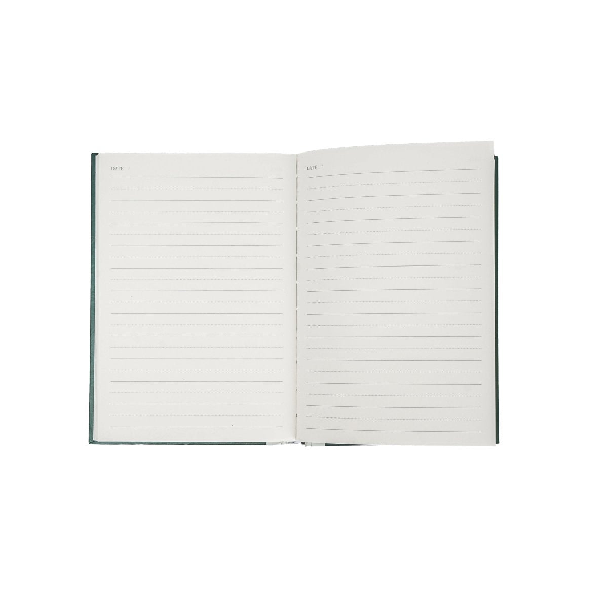 A5 hardcover journal open to lined pages, white paper with two page columns