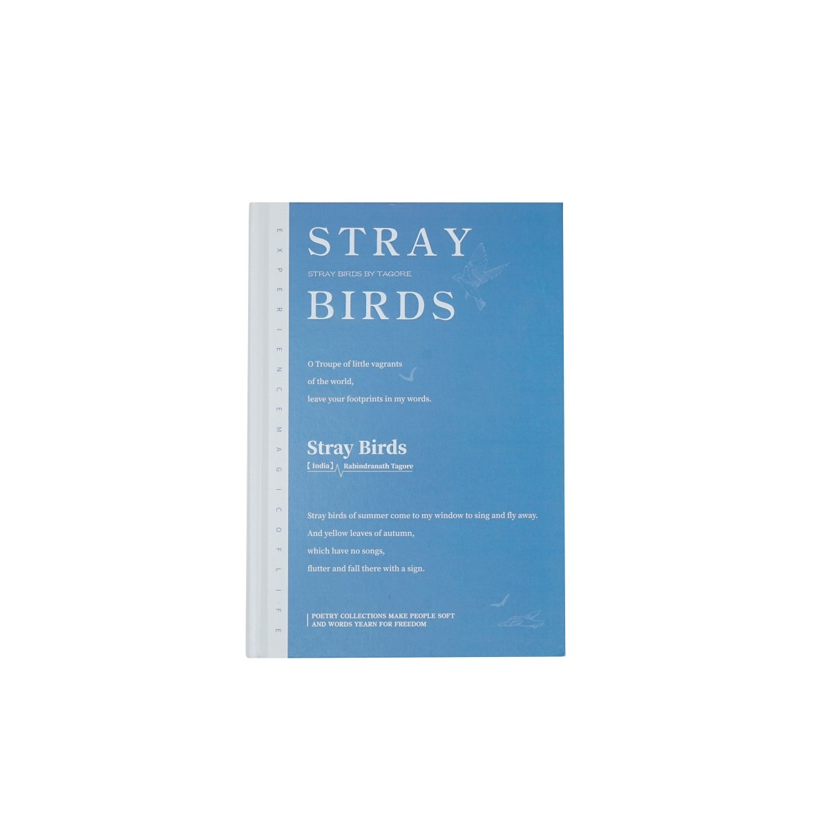 A5 hardcover journal, blue cover with “Stray Birds” title and paragraph text